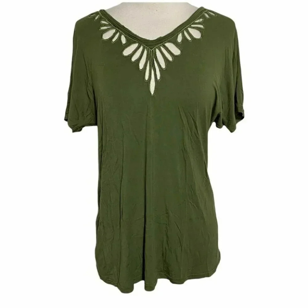 Pol Xs Army Green Laser Cutout V-Neck Top